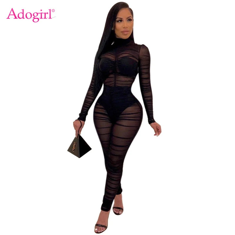 

Adogirl Women Sexy Black Sheer Mesh Ruched Jumpsuit High Neck Long Sleeve Slim Romper Night Club Overalls Fashion Bodysuits