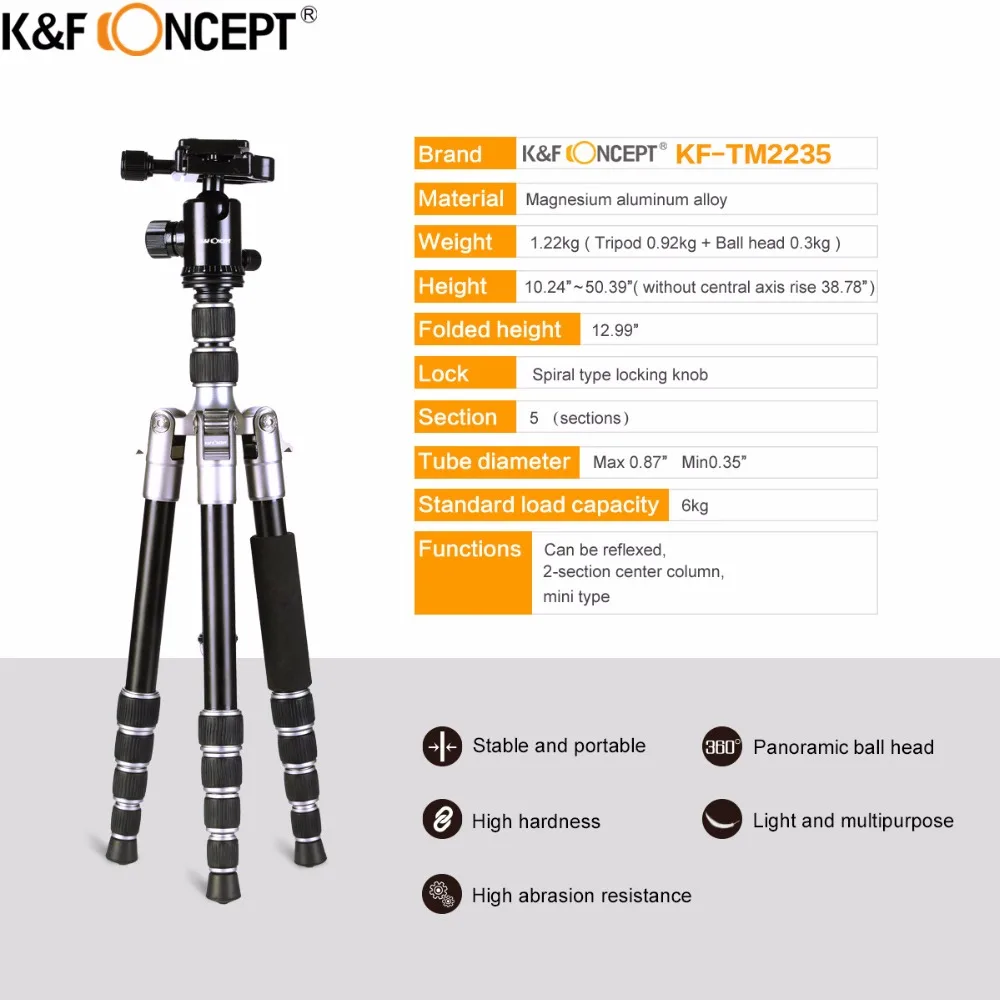 Легкий портативный штатив K & F CONCEPT для камеры профессиональный Трипод с