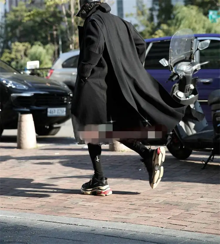 

S-5XL 2017 NEW Men's clothing fashion Catwalk Fake two pieces Over knee loose Super-long woolen coat overcoat plus size costumes