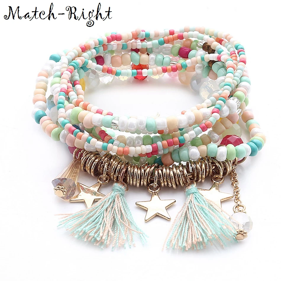 

Match-Right Women Bohemia Jewelry of Multilayer Elastic Weave Set Bracelets & Bangles with Tassel Charm Wrap Bracelet LG-075