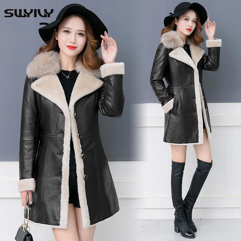 SWYIVY Leather Women Coat  Inside Velvet  Fur Collar Warm 2018 Winter New Female Fashion Casual Long Jackets Lady Leather Coats