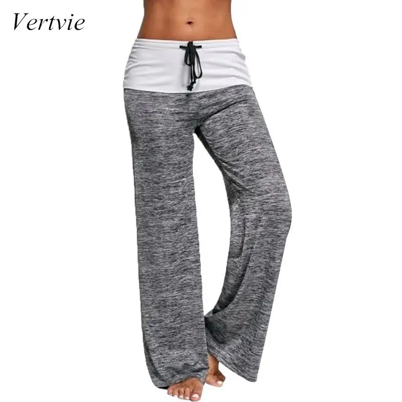 

Vertvie High Waist Elastic Wide Leg Pants Yoga Pants Patchwork Boot Cut Pant Lace Up Fitness Loose Dancing Plus Size Streetwear