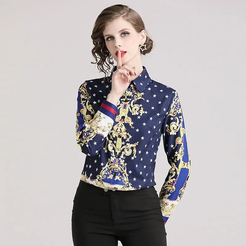 

New England Style fashion elegant printed women blouse shirts female vogue high street lus size Woman blouses tops shirt