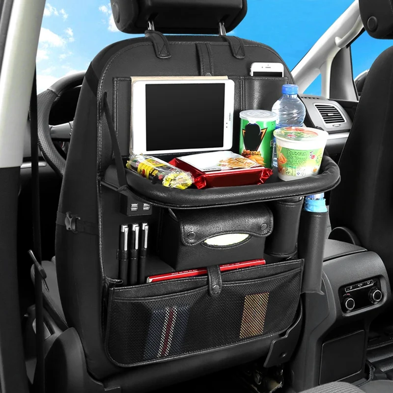  Organizador de asiento trasero de coche 4 Usb Multi bolsillo de cuero bolsa de almacenamiento de co