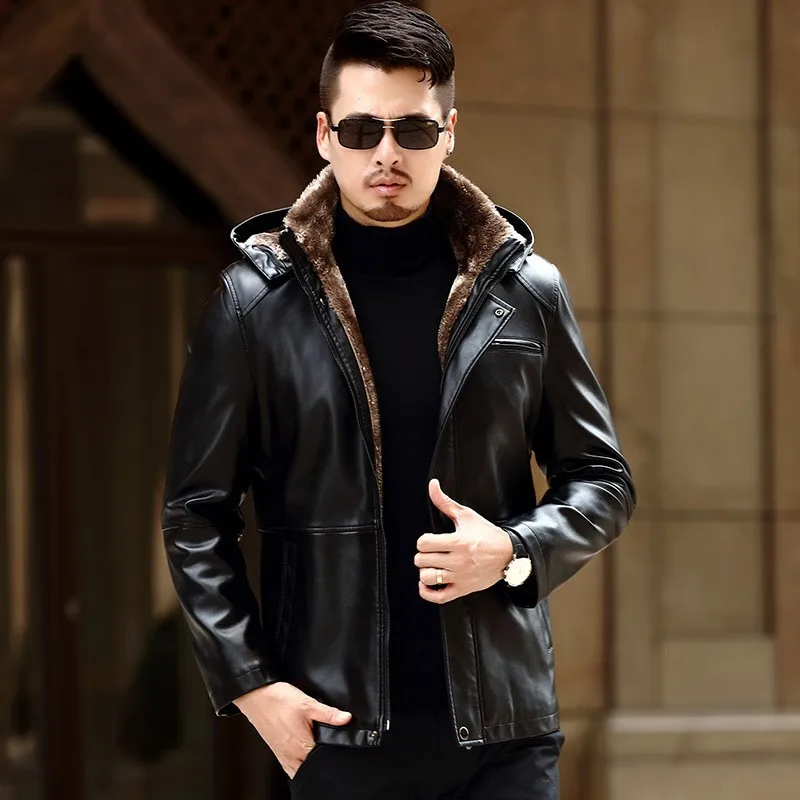 Mens Winter Fur Lining Pu Leather Jacket Business Slim Fit Hoody Coat Male High Quality Leather Motor Biker Windproof Jackets
