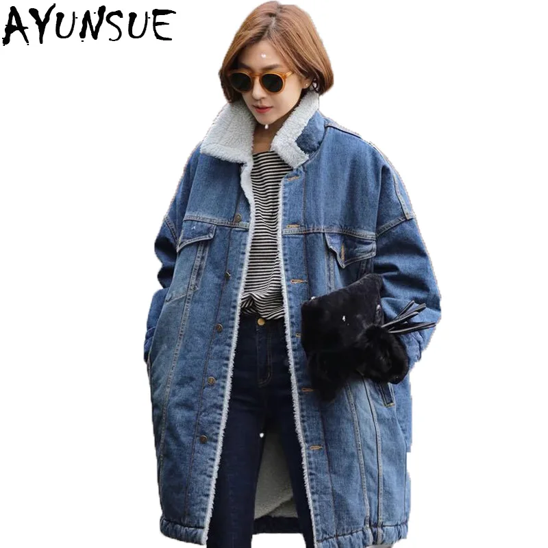 Manteau Taille Chaud 2018 Veste De Velours Plus Ayunsue Outwear Denim Femmes La Manches L2052 Automne Large Hiver Coton Nouveau Longues Jeans nkO8P0w