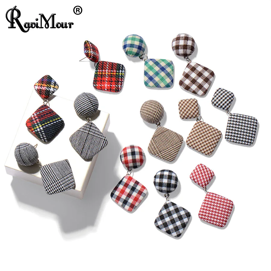 

10 Style Fabric Grid Pattern Drop Earrings for Women New Brand Cotton Geometric Round Square Statement Pendant Earing Jewelry