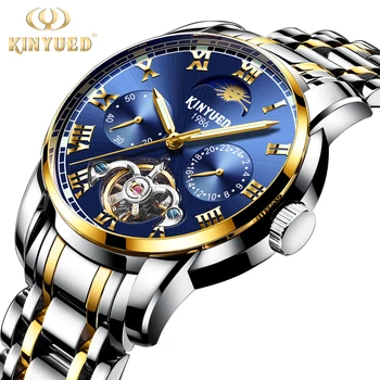 

KINYUED Luxury Automatic Calendar Watch Men Moon Phase Tourbillon Luminous Mechanical Watches Chronograph Stainless Steel Clock