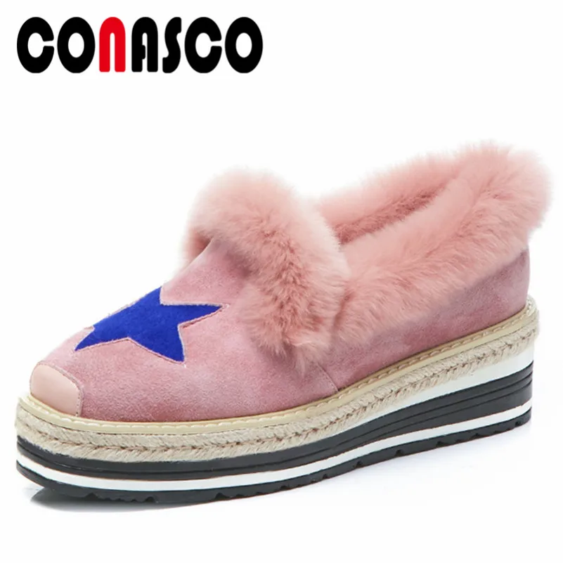 

CONASCO New Women Warm Suede Leather Slip On Flats Platforms Comfort Casual Shoes Woman Ladies High Quality Loafters Shoes