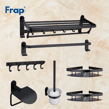 

Frap New Black Seven pieces Space Aluminum Bathroom Hardware Sets Wall Mounted Towel Hook Rack Toilet Brush Paper Holder Y18050