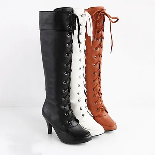 

Cosplay Boot New 2018 Knee High 8cm High Heels Dance Shoes Brown Black White Motorcycle Autumn Women Boots