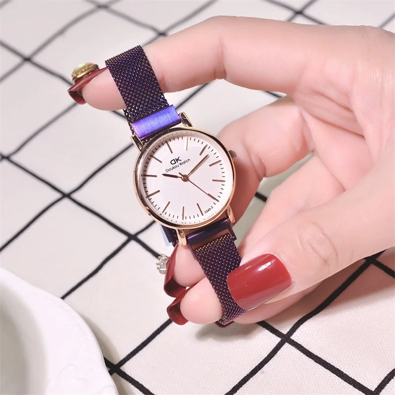 Small purple Магнитные часы женские модные роскошные часы из нержавеющей стали розового золота с сетчатым ремешком Качественные Классические женские наручные часы - Цвет: Small purple