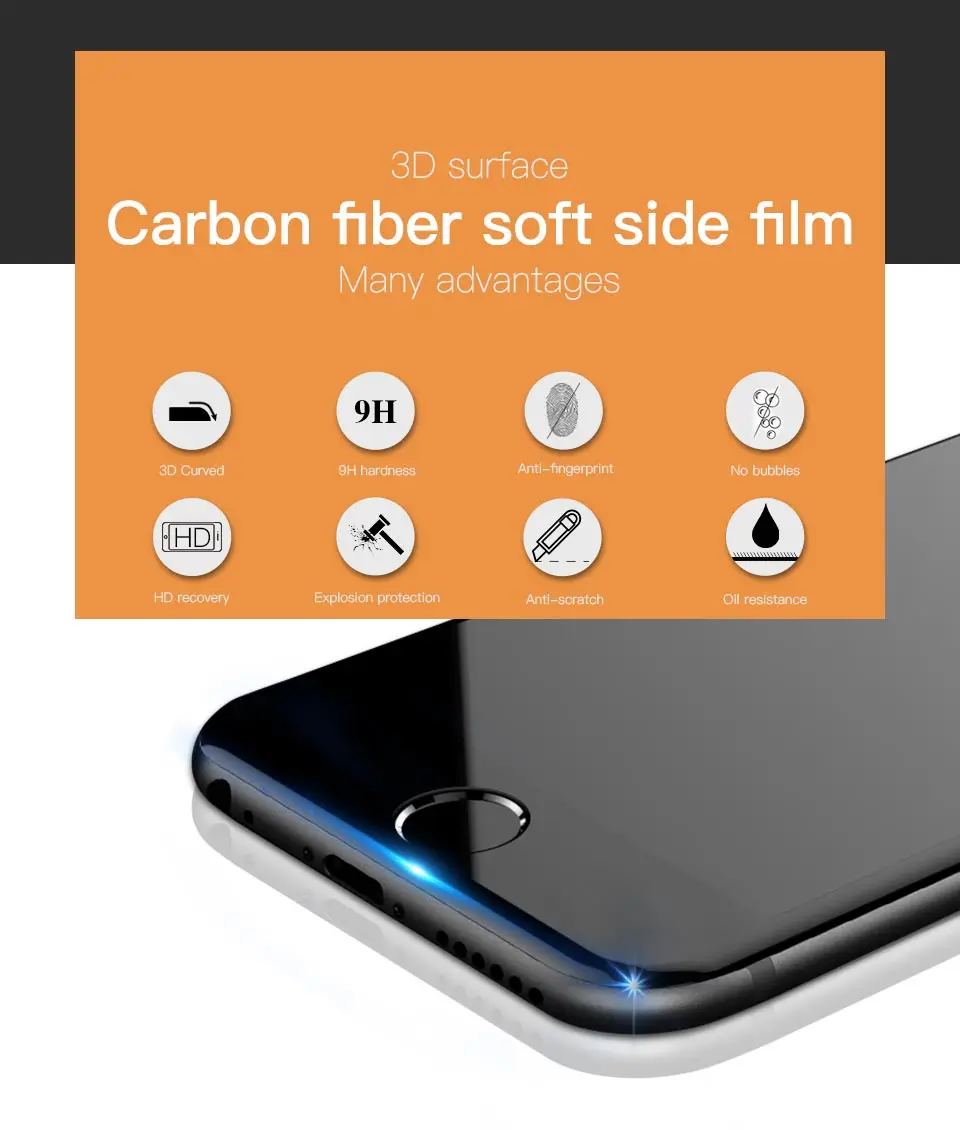 Закаленное стекло 9h для iPhone X XS Max XR 3D полное покрытие углеродное волокно мягкий край Защита экрана для iPhone 8 6S 7 Plus стеклянная пленка
