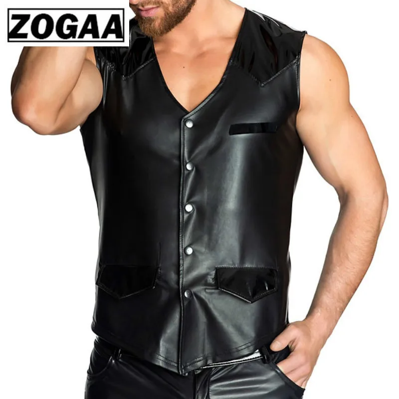 ZOGGA Wetlook жилет из лакированной кожи высокого качества мужской сексуальный панк с v