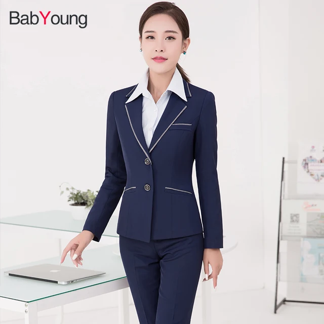 Babyoung Women Blazer Suit Blue Work Wear With Pants S Babyoung Women Blazer Suit Blue Work Wear With Pants S Sets Office Uniform Designs Formal