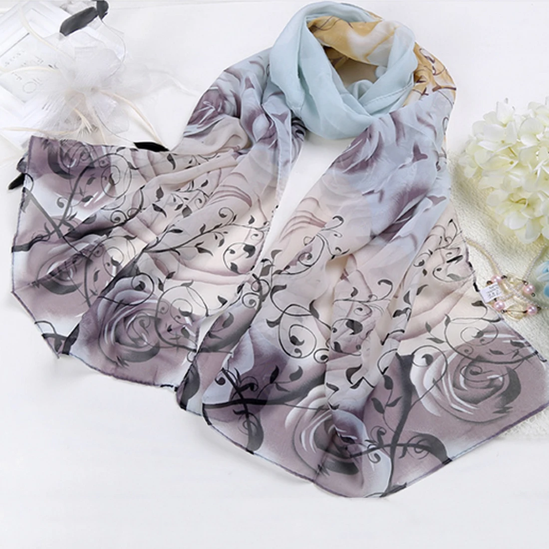 

Charming India Promotion 2017 Rose Print Chiffon Polyester Scarves Woman Thin Shawl Turban Belt Hijab Fashion Arabic Scarfs Wrap