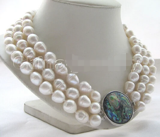 

FREE SHIPPING Wholesale fast 100% Natural jewelry Gorgeous 3row17-19" 12-14mm natural white rice baroque freshwater pearl neckla