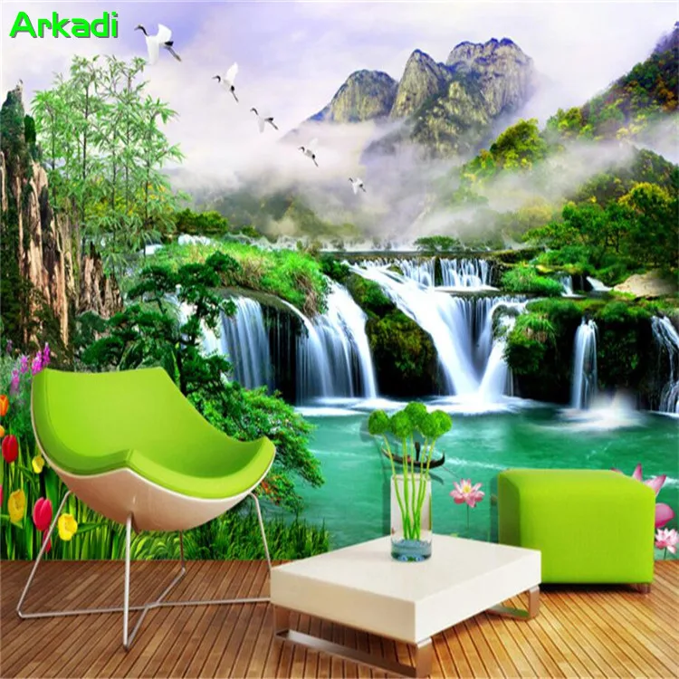 

3d wallpaper landscape scenery waterfall pine lotus wallpaper background living room bedroom TV background wall decorative paint