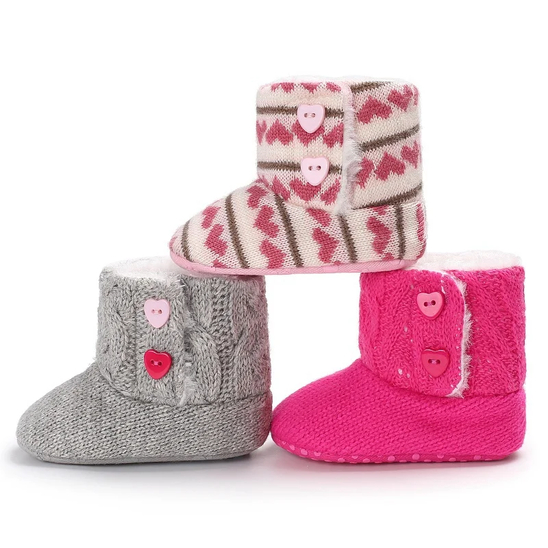 Серые теплые детские ботинки для девочек милая детская зимняя обувь с пуговицами в форме сердца вязаные хлопковые детские ботиночки обувь для девочек