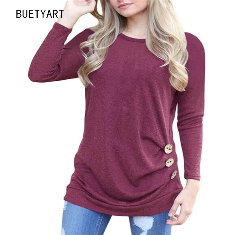 BUETYART Women Tunic Tops Long Sleeve Casual Loose Round Neck Blouse Shirt |