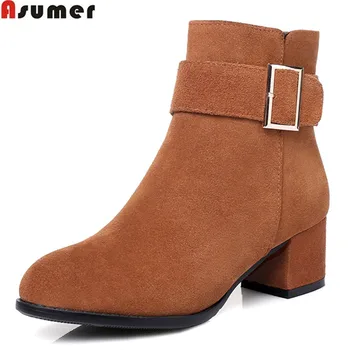 

ASUMER fashion black brown women boots zipper buckle cow suede autumn winter boots square heels ankle boots big size 32-45