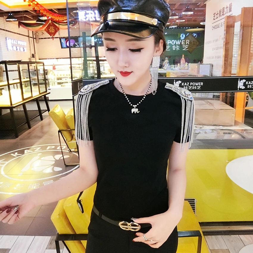 

Fashion Shoulder Board Tassel Tshirt Women 2019 New Summer Women O-Neck Short Sleeved T-shirt Camiseta Mujer Black White T95602