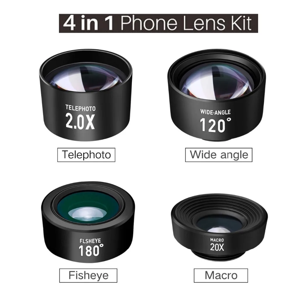 

NEW 4 in 1 Smart Phone Lens Kits Wide Angle Telephoto lens Macro Fisheye Macro Telephoto Lens for iPhone Andriod Smart Phones