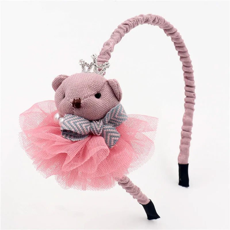 

Boutique children headband cute cartoon fabric 3D bear hairband princess crown yarn pearl hair band hoop girls hair accessories
