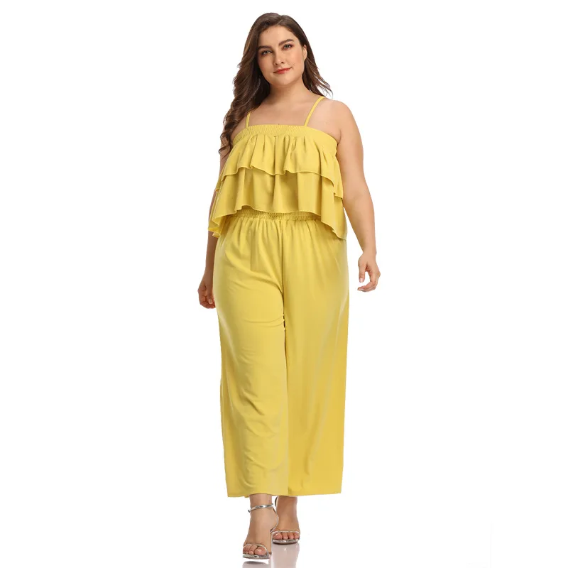 

Plus Size Women Sets 2019 Fashion Summer Female Slash Neck Ruffles Strap backless Crop Tops With High Waist Wide Leg Pants