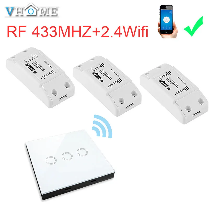 

VHome touch remote control switch,wireless 2.4g wifi ewelink + RF 433MHz relay receiver power supply 90v-250v 10A transmitter