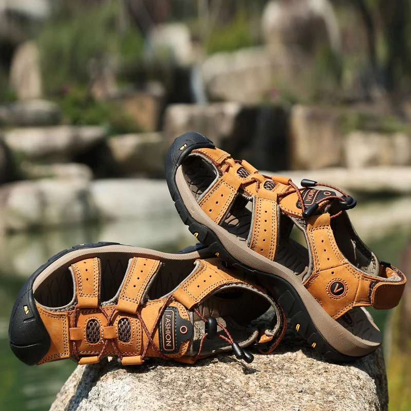 Для мужчин; летние сандалии для прогулок дышащая обувь из натуральной кожи; пляжные шорты, быстросохнущие пляжные Мужская обувь Повседневное прогулочная рыбалка, рыбак обувь; Новинка