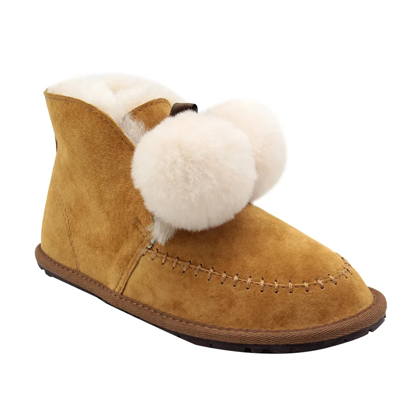 EXCARGO Wool Snow Boots Woman Shoes Fur Ball Cute Ladies Winter Cotton Padded Shoes Flat 2018 Genuine Leahter Woman Snow Boots