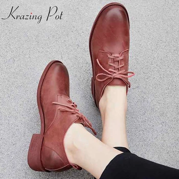 

Krazing Pot 2019 genuine leather lace up pumps women round toe British school neutral lady handsome cozy brand Oxfords shoes L07