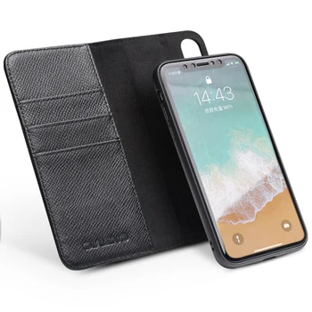 

QIALINO Wallet Phone Case for iPhone XS Genuine Leather 2 in 1 Flip Folio Magnetic Cover for iPhone X Apple Card Cash Bag Black
