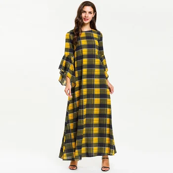

2019 Women Summer Dress O Neck 3/4 Flare Sleeve Plus Size 4XL Long Maxi Plaid Dress Robe femme ete