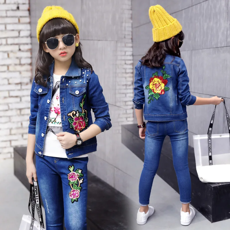 2018 New Girls Denim Clothing Set Autumn Spring Jean Jacket+Denim Pants
