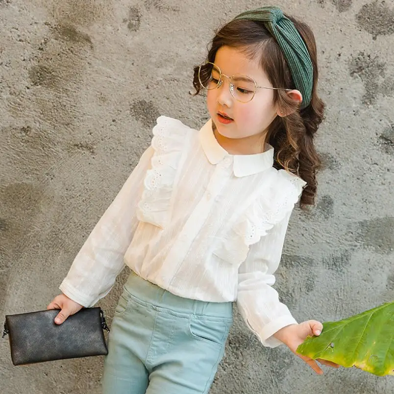 

2019 Baby Toddler Clothes Cotton White Girls Blouse Shirts Lace Ruffles Kids Children Long Sleeve School Girl Tops And Blouses