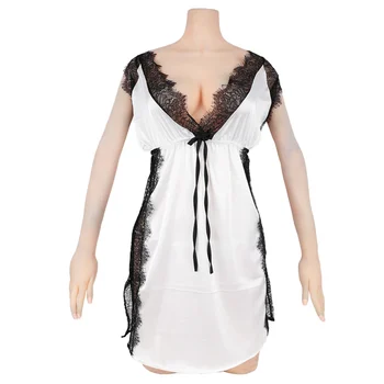 

1pc Sexy Exotic Fashion Women Lace Hollow Perspective High Slit Sling Skirt Deep V Neck Crossed Backless Cotton Nightdress
