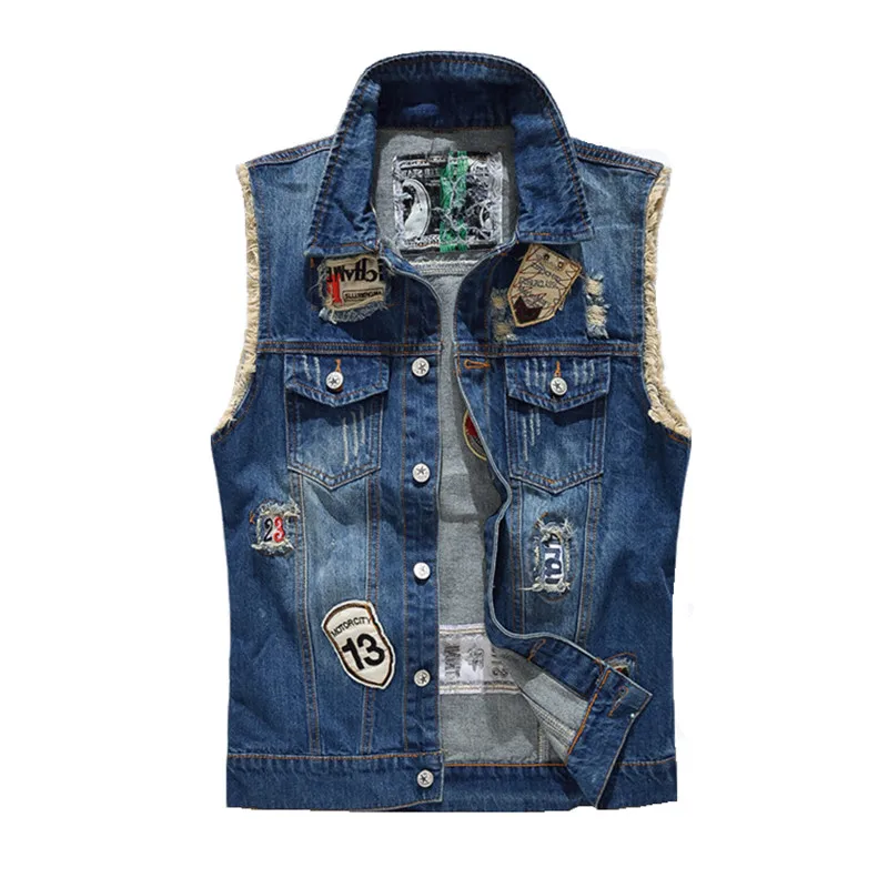 

Denim Vest Men Fashion Patch Designs Cowboy Frayed Jeans Sleeveless Jackets Punk Rock Motorcycle Waistcoat