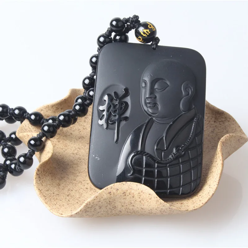 

QIANXU Obsidian Buddha Necklace Pendant with Beads Chain Hand Carved Pendant Lucky Fine Jewelry