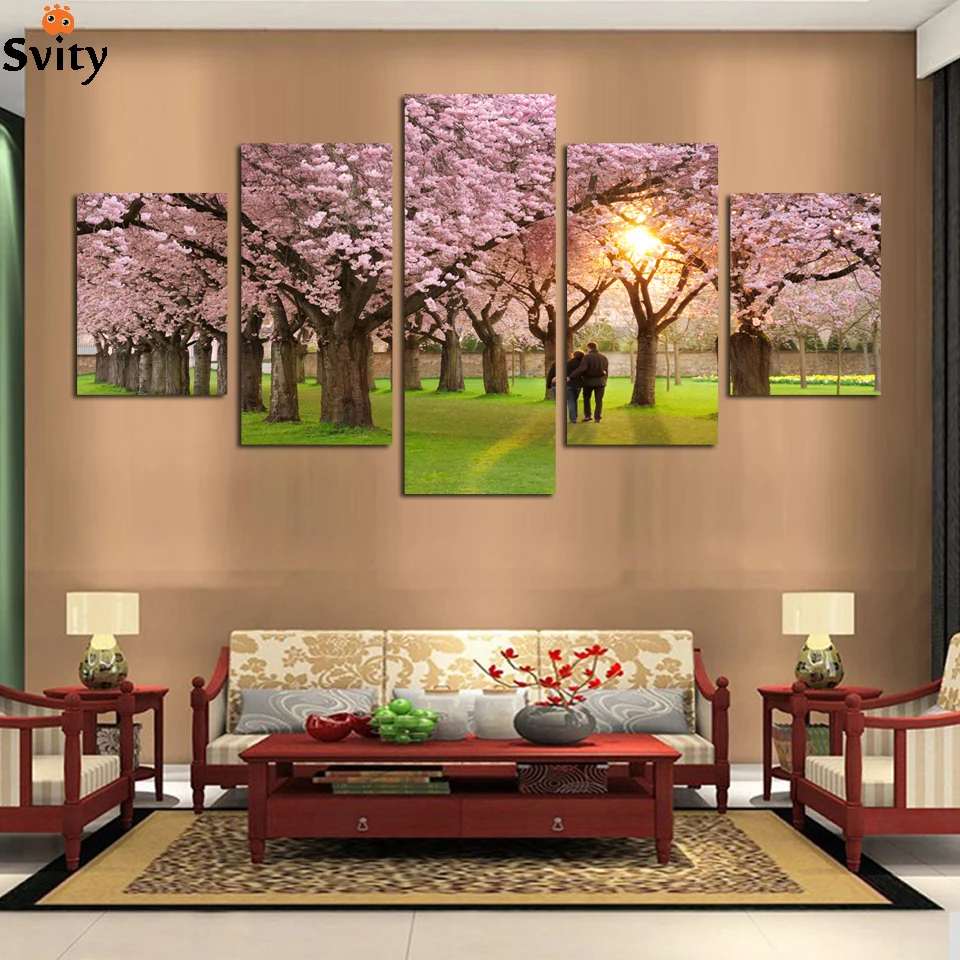 

5 piece romantic wall art tree Cherry blossoms prints canvas painting Modular wall Picture decoration for living room no frame