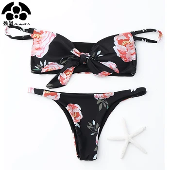 

QIANG YI 2018 Summer Push Up Bikini Set Women Swimwear Female Swimsuit Strapless Sexy Bathing Suit Floral ThongTie Off Shoulder