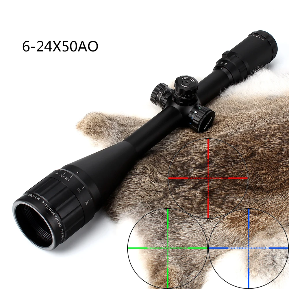 

Hunting 6-24X50 AO Riflescope Tactical Optical Sight Full Size Mil Dot Red Green Blue llluminate Reticle Turrets Lock Scope