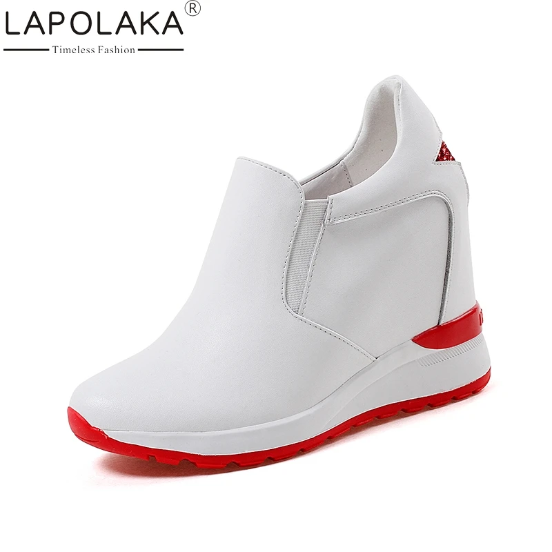

LAPOLAKA 2018 Large Size 32-40 Genuine Leather Wedge High Heels Platform Pumps Woman Black Red Elastic Band Woman Shoes