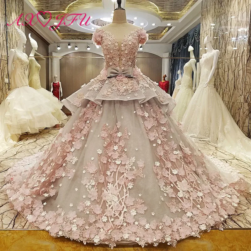 

AXJFU New Korean version of the word shoulder lace flowers wedding dress thin Slim Bride trailing wedding dress xj83920