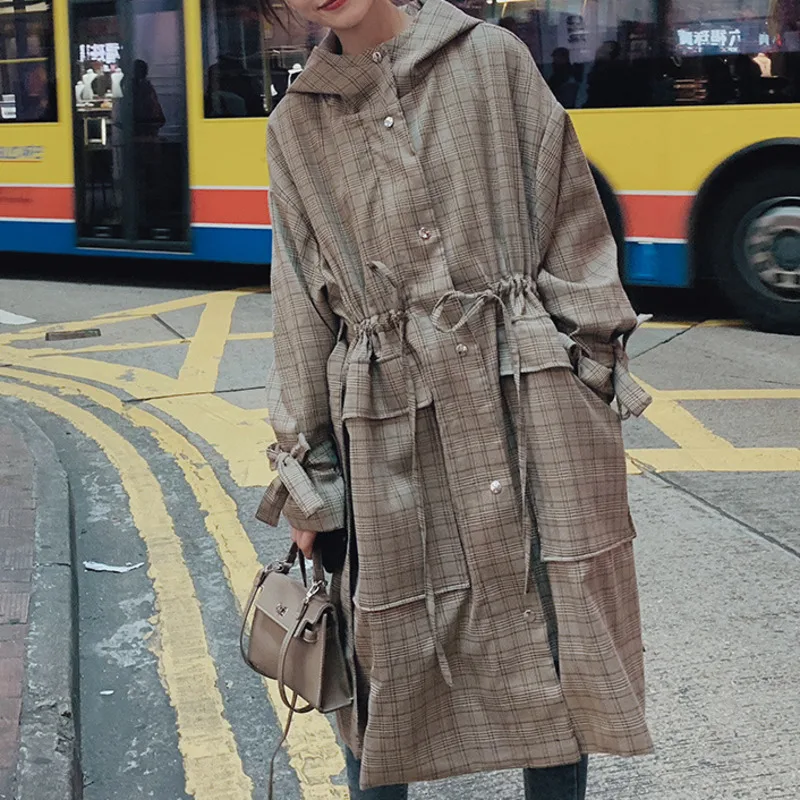 

LANMREM 2019 Autumn And Winter New Casual Fashion Women Loose Plus Lapel Plaid Waist Drawstring Retro Trench Coat TC715