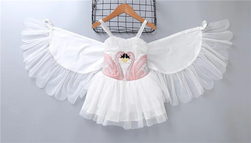 Christmas Girls Swan Flamingo Wings Dress Children White Princess Dress for Wedding Kids Embroidered Tulle Ballet Tutu Dress