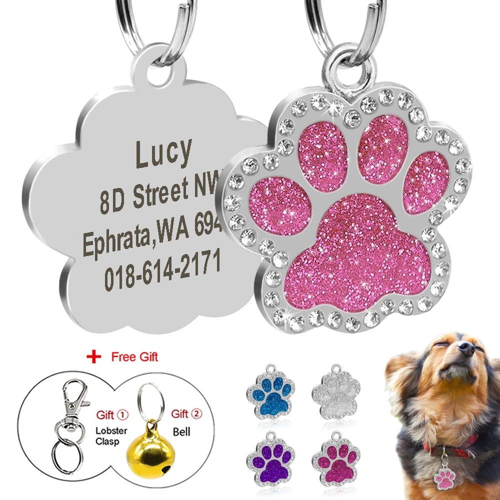 Custom Dog Engraved Pet Puppy Name Phone Id s Glitter Paw Dog Cat Collar Accessories Pendant Personalized Gift Bell Id s Aliexpress