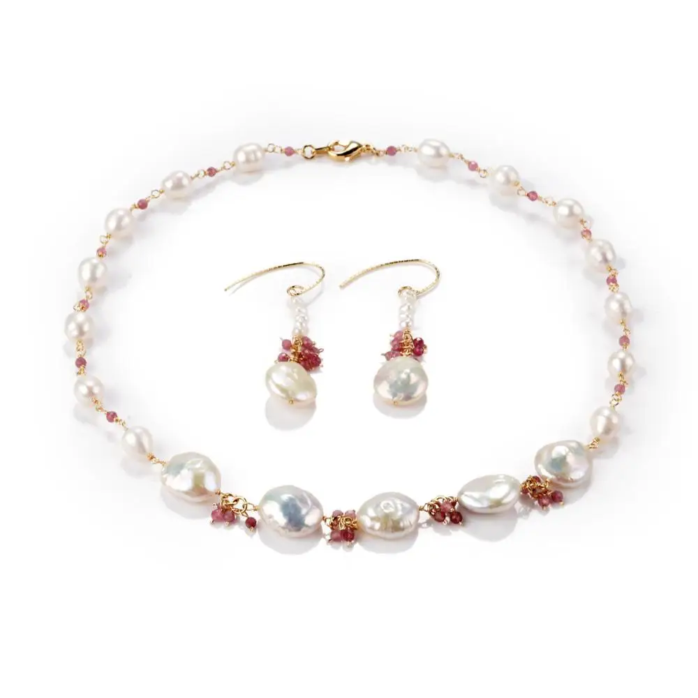 

CKKU Jewelry 2019 White Baroque Rice Freshwater Pearl and Pink Tourmaline Necklace Earrings Set for Women Girls Gift PD457