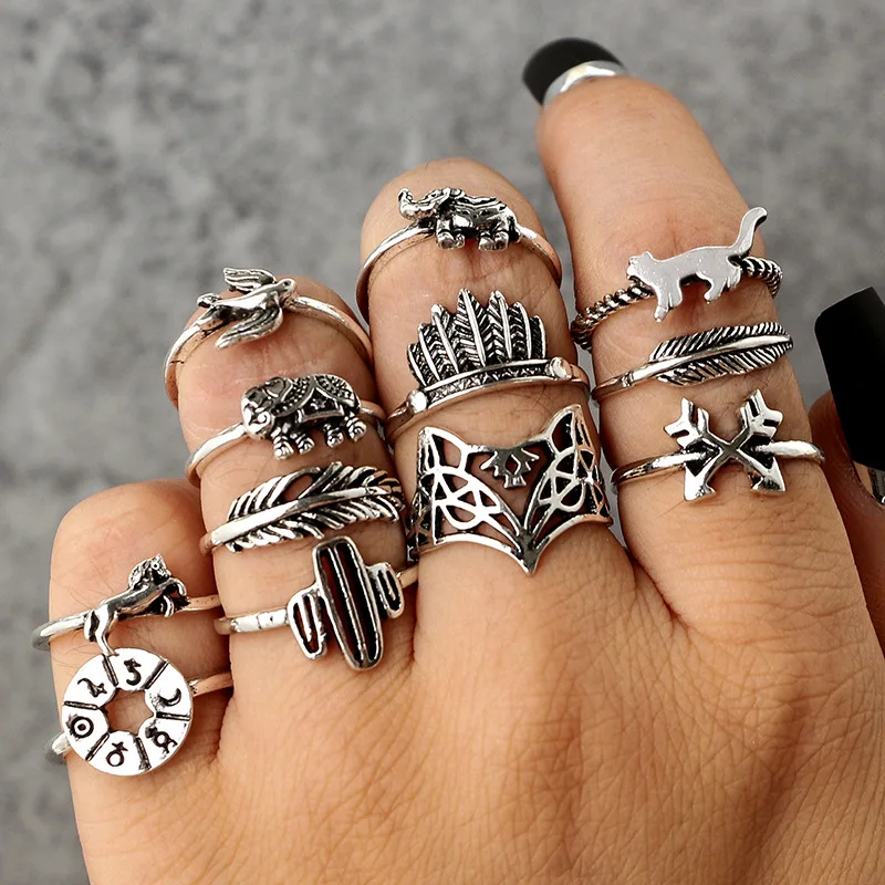 

Vintage Fox Rings for Women Bohemian Creative Elephant Horse Bird Cactus Feather Arrow Rings Set Knuckle Jewelry